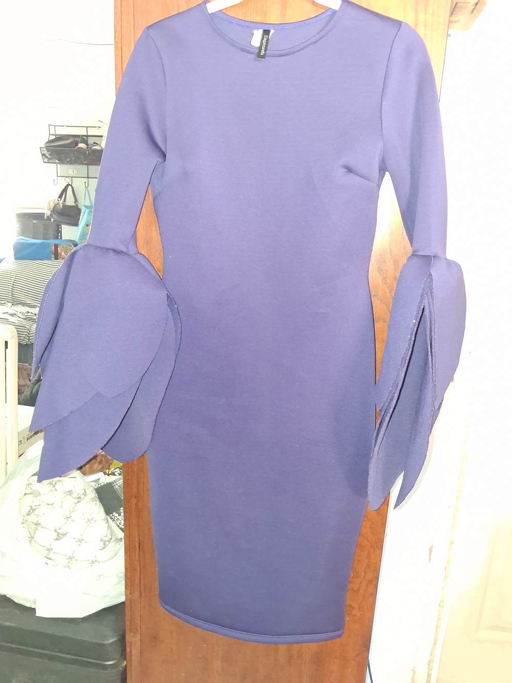 Petal-Sleeve Midi Dress in Deep Purple